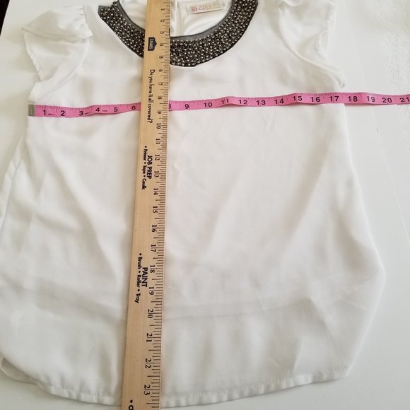 Embellished Blouse Neckline Silvertone Beads White Ruffled Short Sleeve Small - Picture 8 of 11